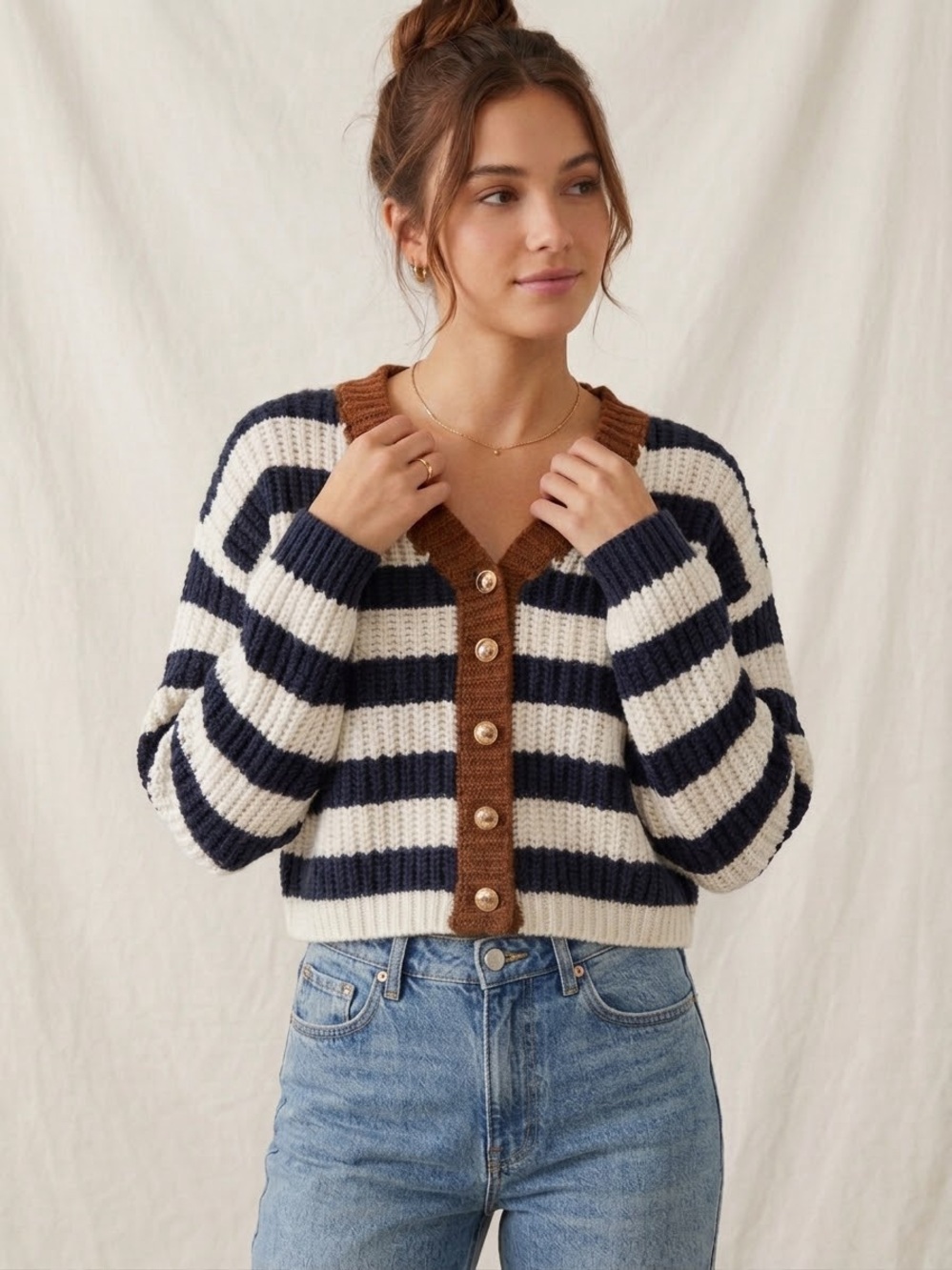 Altar’d State Cropped Striped V-Neck Button Cardigan - Navy, Cream & Brown